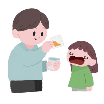 親が子どもに粉薬を飲ませるカラーイラスト 人物,親,子ども,粉薬,お世話,子育て,薬,病気,手描き,カラーのイラスト素材