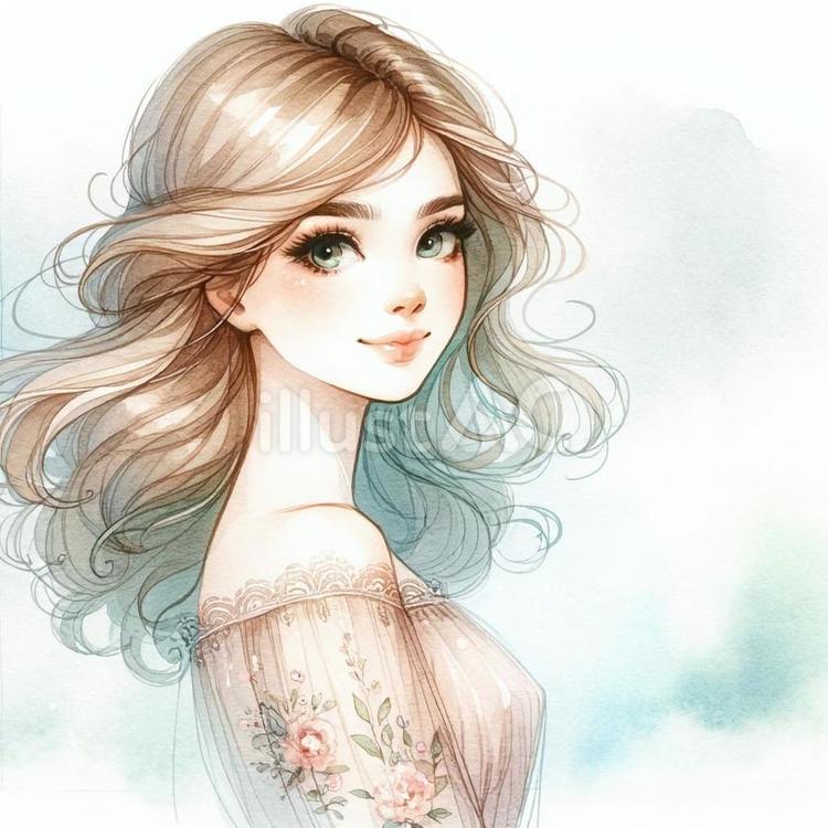 ふんわりした美人女性の水彩画 水彩画,女性,人物のイラスト素材