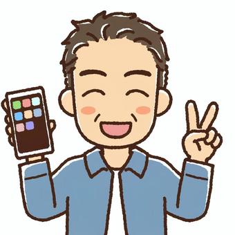 スマホを持ちピースしている笑顔の中年男性 スマホ,スマートフォン,端末,携帯,ピース,笑顔,vサイン,にこにこ,嬉しい,楽しいのイラスト素材