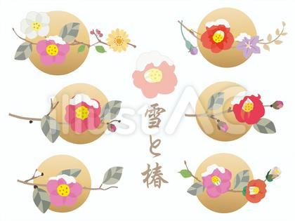 花の飾り枠71_椿と雪