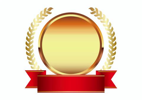 赤リボンとメダルと金の月桂冠2025① 月桂冠,リボン,枠,アワード,タイトル,帯,あしらい,金色,植物,葉のイラスト素材