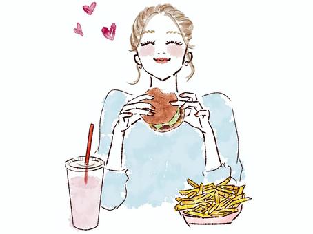 ハンバーガーとポテトを笑顔で食べる女性 ハンバーガーとポテトを笑顔で食べる女性 女性,ハンバーガー,食べる,ポテト,スムージー,ファストフード,シェイク,水彩,ドリンク,ランチのイラスト素材