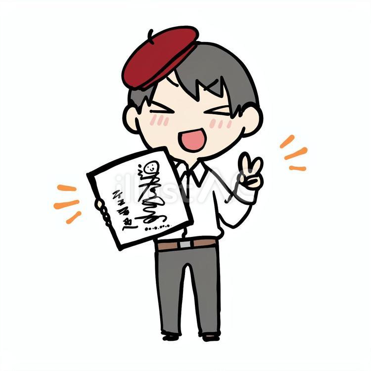 サインとピースする喜ぶ漫画家男性 漫画家,サイン,ピースのイラスト素材