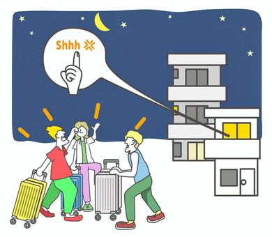 夜騒ぐ観光客に怒りの「シー」する近隣住民 観光客,騒ぐ,うるさい,声,大声,迷惑,静かに,シーッ,戸建て,家のイラスト素材