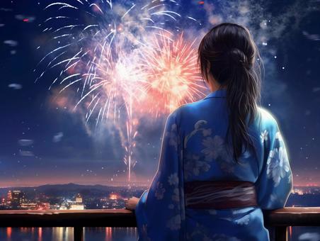 Rear view of a woman watching fireworks, female, older sister, rear view, JPG