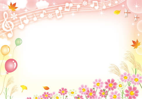 秋桜とすすきのふんわり秋音楽カード3 秋,秋桜,花,キラキラ,フレーム,背景,カード,壁紙,コスモス,空のイラスト素材