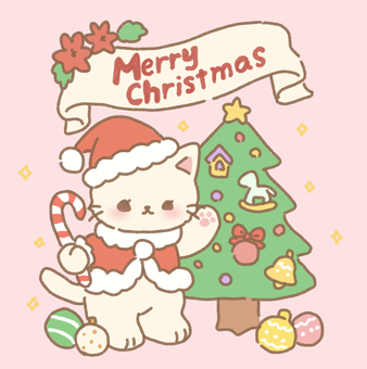 ネコサンタとツリーのクリスマス 猫,動物,かわいい,キャラクター,サンタ帽,サンタクロース,コスプレ,ボレロ,コート,ポンチョのイラスト素材