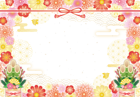 華やか和フラワー門松の年賀状フレーム 年賀状,お正月,梅,桜,和,花,キラキラ,かわいい,フレーム,背景のイラスト素材