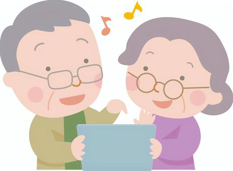 タブレットをみる老夫婦 敬老の日,タブレット,老夫婦,おじいちゃん,おばあちゃん,祖父母,祖父,祖母,音符,メールのイラスト素材
