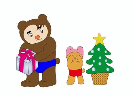 クリスマスプレゼントを渡すよ クリスマスプレゼント,着ぐるみ,ツリー,子グマ,赤パンツ,青パンツのイラスト素材