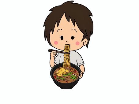 ラーメンを食べる女の子 ラーメン,食べる,食事,麺類,可愛い,かわいい,女の子,ショートカット,手書き,中華そばのイラスト素材