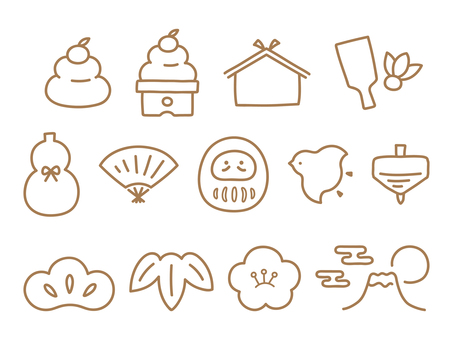 お正月 正月の年賀状素材 茶色の画線 お正月,正月,年賀状,１月,手描き,富士山,日の出,だるま,元旦,元日のイラスト素材