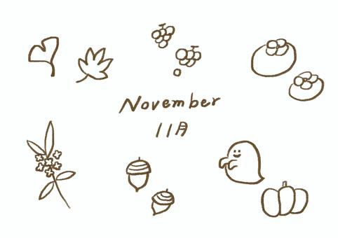 手描き風11月イラスト線画 11月,秋,手描き風,線画,モノクロ,季節,フレーム,学校プリント,おたより,紅葉のイラスト素材