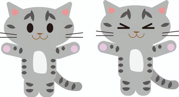 手を広げるグレーのトラ猫2匹 猫,子猫,トラ猫,かわいい,哺乳類,ネコ科,ペット,アイコン,目を閉じる,笑顔のイラスト素材