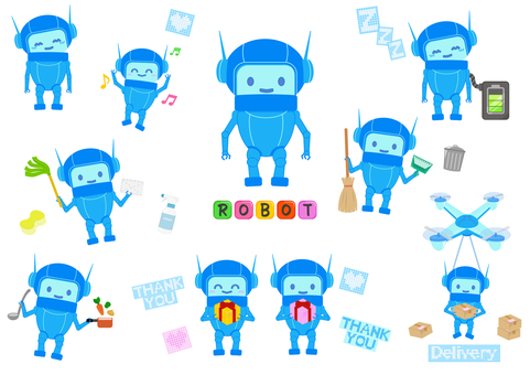 活躍かわいいAIロボット ロボット,ai,家事,デリバリー,ドローン,料理,掃除,プレゼント,ダンス,喜びのイラスト素材