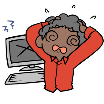 パソコンがエラーでパニックの男性 アフロ,パソコン,エラー,パニック,焦る,デジタル,苦手,大変,やばい,壊すのイラスト素材