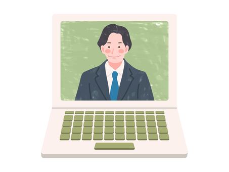 モニターに男性が映るノートパソコン pc,オンライン,web,リモート,モニター,画像,ビデオ,男性,会社員,ビジネスマンのイラスト素材