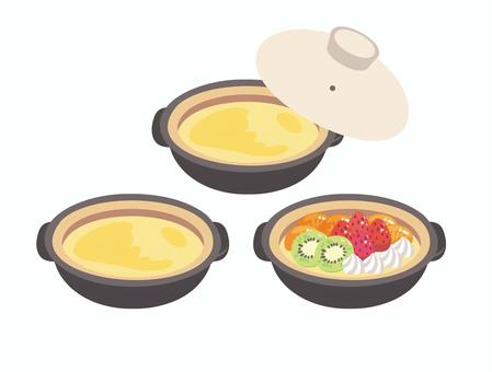 土鍋プリン プリン,土鍋,スイーツ,果物,イチゴ,キウイ,みかん,生クリーム,食べ物,料理のイラスト素材