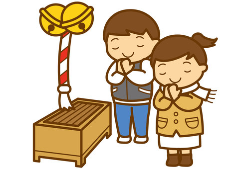 初詣-4c 初詣,正月,お参り,祈願,賽銭箱,鈴,紐,男性,女性,コートのイラスト素材