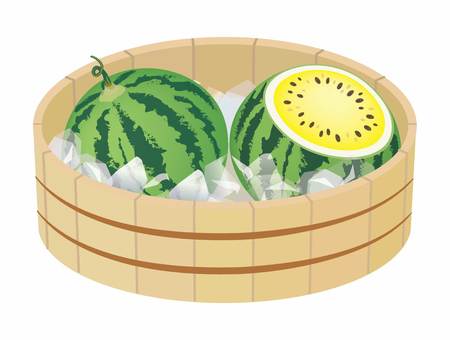 たらいに入った黄色い西瓜 西瓜,黄色,たらい,水,氷,冷たい,夏,食べ物,美味しい,果物のイラスト素材