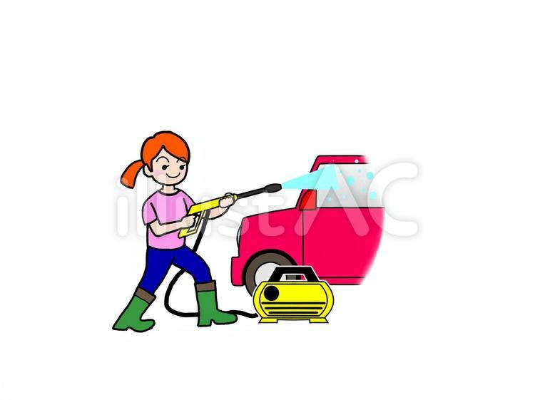 高圧洗浄機で車を洗浄している女性 高圧洗浄機,清掃,汚れ落としのイラスト素材