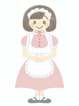 ピンク色のメイド服を着た女の子 メイド,女性,お手伝い,家政婦,召使い,ピンク色,エプロン,ドレス,リボン,ワンピースのイラスト素材