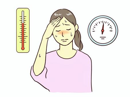 暑そうな女性と温度計と湿度計 暑い,熱中症,女性,温度計,湿度計,気温,湿度,暑さ,熱,発熱のイラスト素材