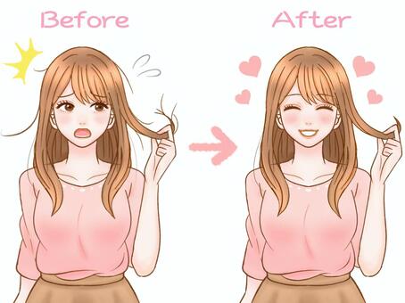 髪質改善する大人女性のイラスト素材3 枝毛,女性,髪の毛,髪質改善,アホ毛,ダメージヘア,ヘアケア,ロングヘアー,髪,茶髪のイラスト素材