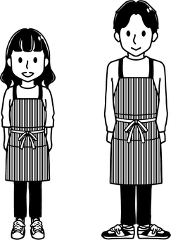 白黒・エプロン姿の男女_2 モノクロ,白黒,大人,男性,女性,男女,ペア,おそろい,二人,全身のイラスト素材