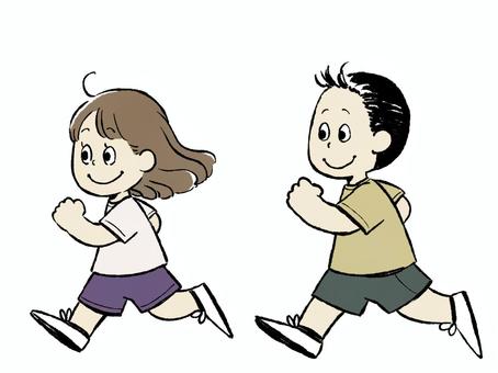 走る男女 人物,走る,ランニング,運動,トレーニング,笑顔,ミニキャラ,可愛い,手書き,茶髪のイラスト素材