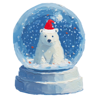 シロクマのスノードームイラスト クリスマス,スノードーム,スノーボール,シロクマ,サンタ帽,雪,手描き,絵の具風,厚塗り,雑貨のイラスト素材
