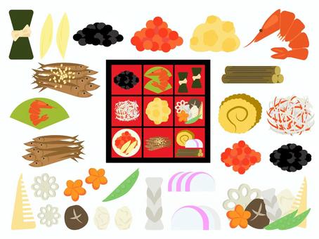 おせち料理のイラスト（行事18） おせち料理,正月,おせち,正月料理,昆布巻き,栗きんとん,伊達巻,田作り,ごまめ,紅白かまぼこのイラスト素材