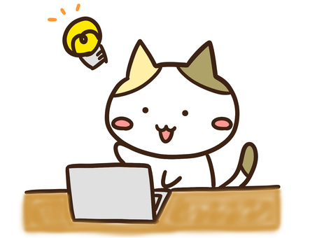 パソコンでアイデアを閃くかわいい三毛猫 パソコンでアイデアを閃くかわいい三毛猫 パソコン,アイデア,閃く,仕事,ねこ,コンピューター,かわいい,操作,手書き,ひらめきのイラスト素材