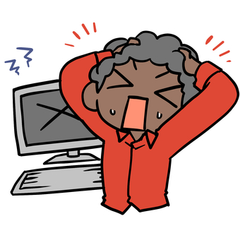 パソコンがエラーで焦るアフロ男性 アフロ,パソコン,エラー,焦る,デジタル,苦手,パニック,大変,やばい,壊すのイラスト素材