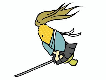 ジャンプして切りかかるとうもろこしのお侍 刀,切る,ジャンプ,跳ぶ,とうもろこし,横,侍,武士,手描き,ゆるいのイラスト素材