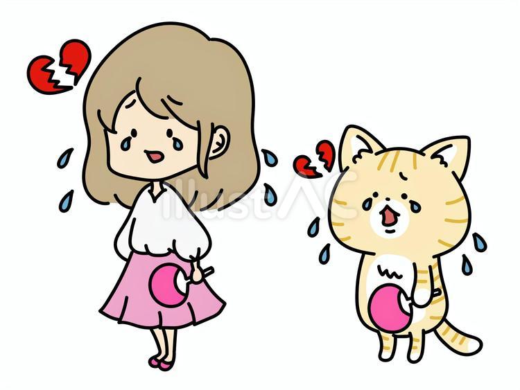 推し事が出来ない女の子と猫　ピンク担当 推し活,泣く,推しのイラスト素材