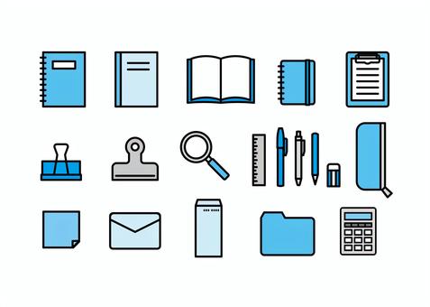 文房具アイコンセット 文房具,アイコン,シンプル,ビジネス,学校,ノート,ペン,電卓,虫眼鏡,目玉クリップのイラスト素材