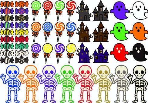 ハロウィンのイラストです。 ハロウィン,お化け,シンプル,骸骨,キャンディ,飴,舐める,ホラー,ゴースト,洋館のイラスト素材