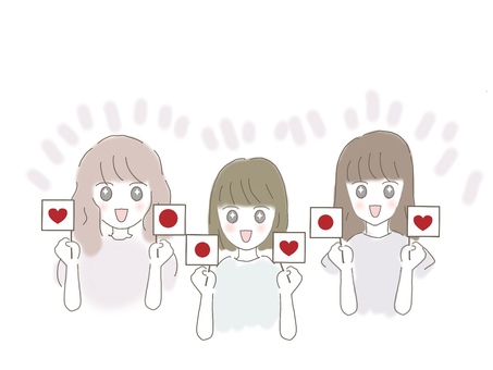 女性と日本国旗 日本,国旗,日の丸,女性,ハート,旗,淡い,パステル,輝く,3人のイラスト素材