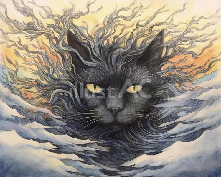 黒猫の毛並みと植物がミックスしたイラスト 猫,黒,顔のイラスト素材