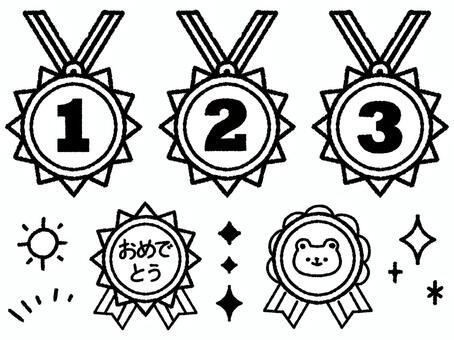 手描きの運動会メダルセット 運動会,子ども,順位,くま,キラキラ,お日様,太陽,1位,２位,３位のイラスト素材