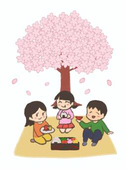 お花見家族 お花見,家族,桜,花びら,春,にぎやか,楽しい,弁当,人物,植物のイラスト素材