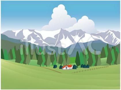 安曇野の牧場とアルプスの背景