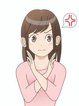 女性202509B（バツ印・手） 女性,私服,長髪,バツ,渋面,否定のイラスト素材