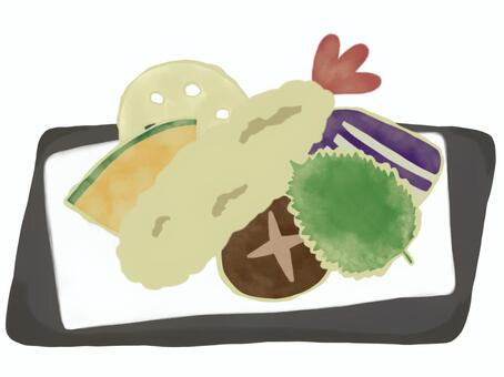 天ぷらの盛り合わせのイラスト-01 天ぷら,盛り合わせ,盛り付け,セット,えび天,しいたけ,大葉,しそ,青じそ,なすのイラスト素材