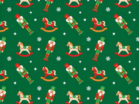 くるみ割り人形とロッキングホース_緑 クリスマス,壁紙,パターン,模様,モチーフ,くるみ割り人形,馬,おもちゃ,ロッキング,ロッキングホースのイラスト素材