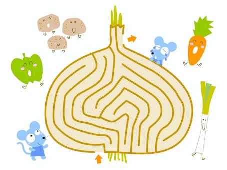 玉ねぎの迷路 迷路,野菜,かわいい,玉ねぎ,ネズミ,じゃがいも,ピーマン,にんじん,長ネギのイラスト素材