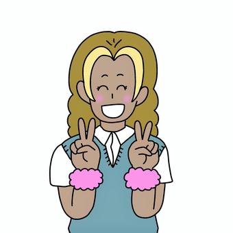 ガングロギャル 女性,人物,シンプル,ギャル,学生,ガングロ,ピース,派手,笑顔,制服のイラスト素材