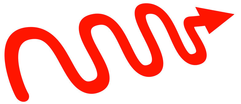 グネグネと蛇行する赤いの矢印 赤,矢印,アイコン,右向き,蛇行,うねうね,グネグネ,湾曲,説明,ビジネスのイラスト素材