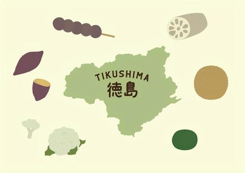 徳島イラストセット 徳島,カリフラワー,れんこん,さつまいも,すだち,ぶどう饅頭,フィッシュカツ,地図,ご当地,観光地のイラスト素材